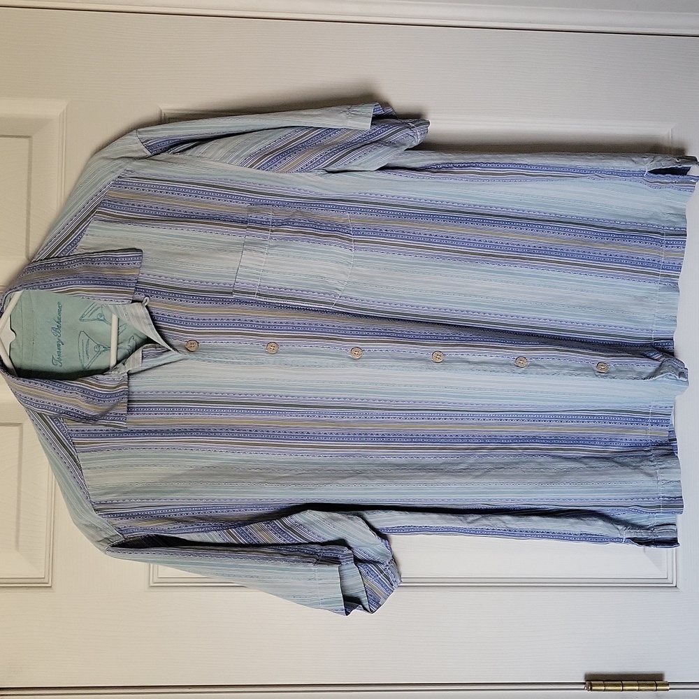 Men's Tommy Bahama Silk Button Front Short Sleeve Stripe Shirt Size Medium